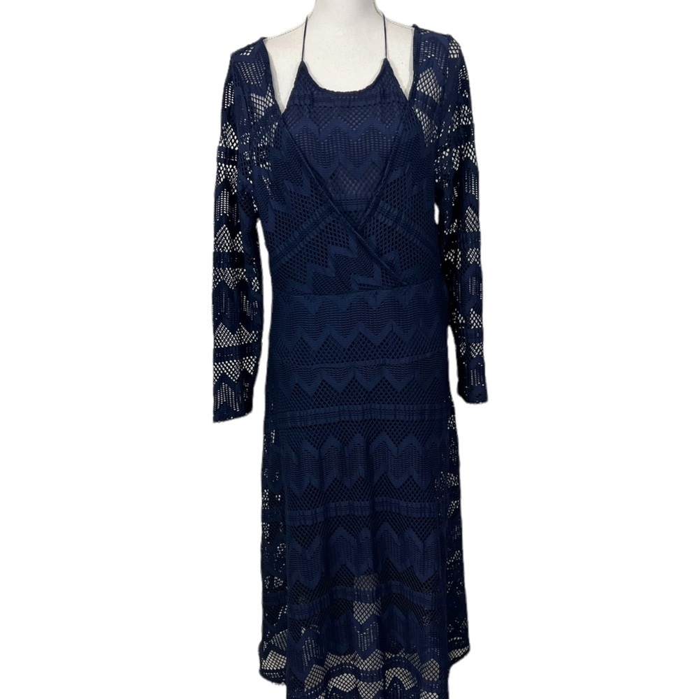 Tracy Reese Crochet Lace Knit Midi Dress 1X Faux Wrap Top Layered Halter Top